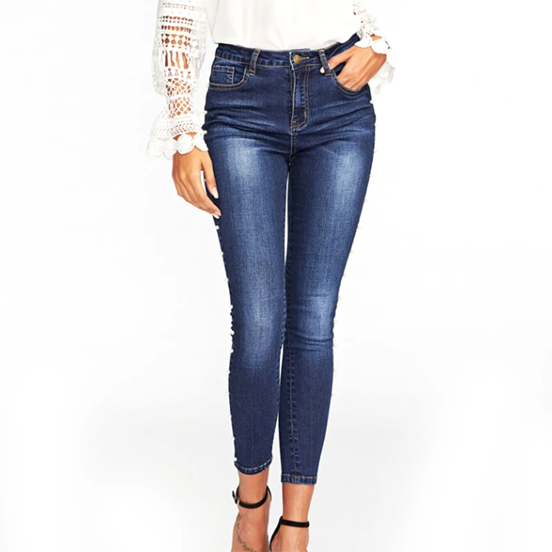 Zebery Stylish Dark Blue Skinny Jeans Women Trousers Autumn High