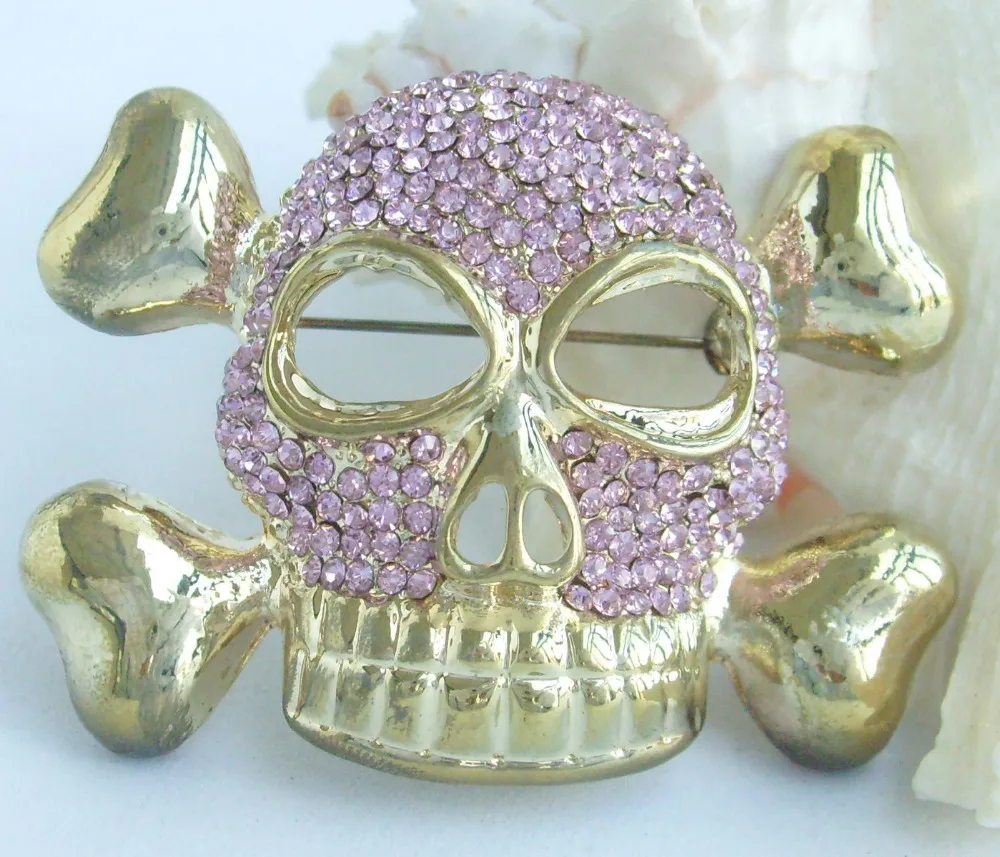 2.56" Halloween Skull Brooch Pin Pendant Pink Austrian Crystal