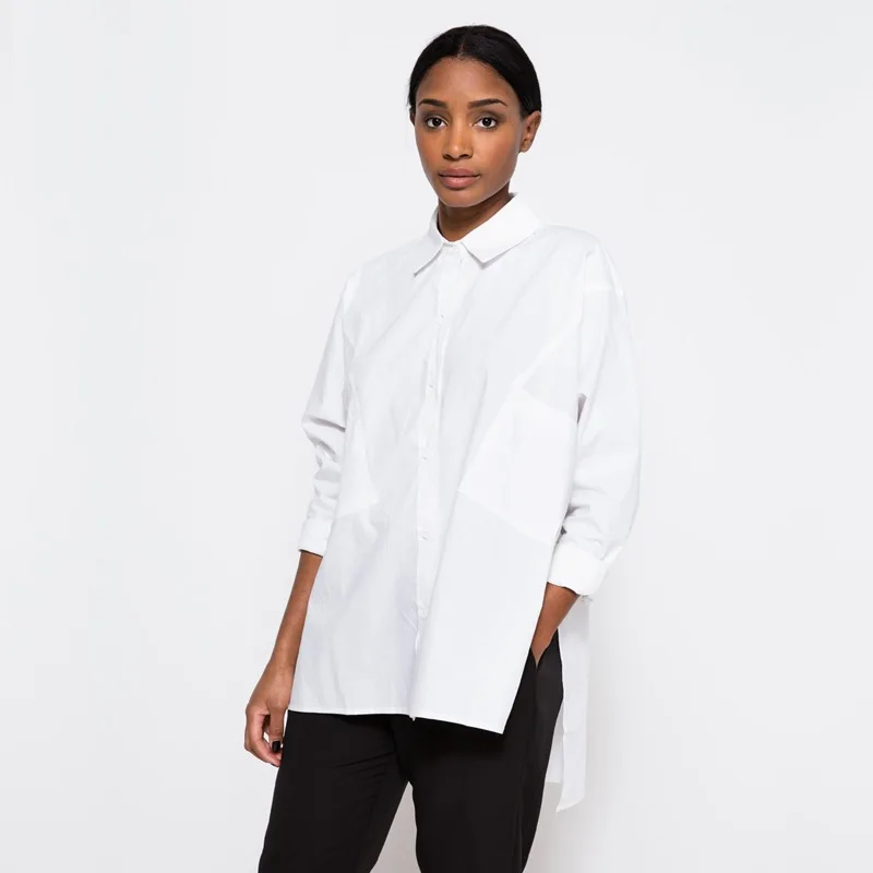 spring new fashion boyfriend style loose blouse shirt women front short back long loose casual