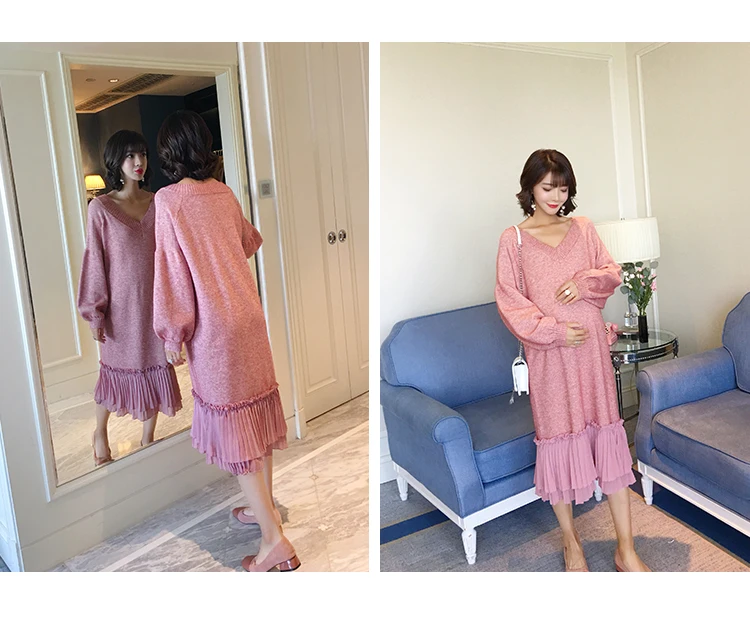 Осенне-зимние розовые вязаные свитера для беременных, платье с v-образным вырезом, Свободное длинное платье, осенняя коллекция одежды для беременных, элегантное платье для беременных