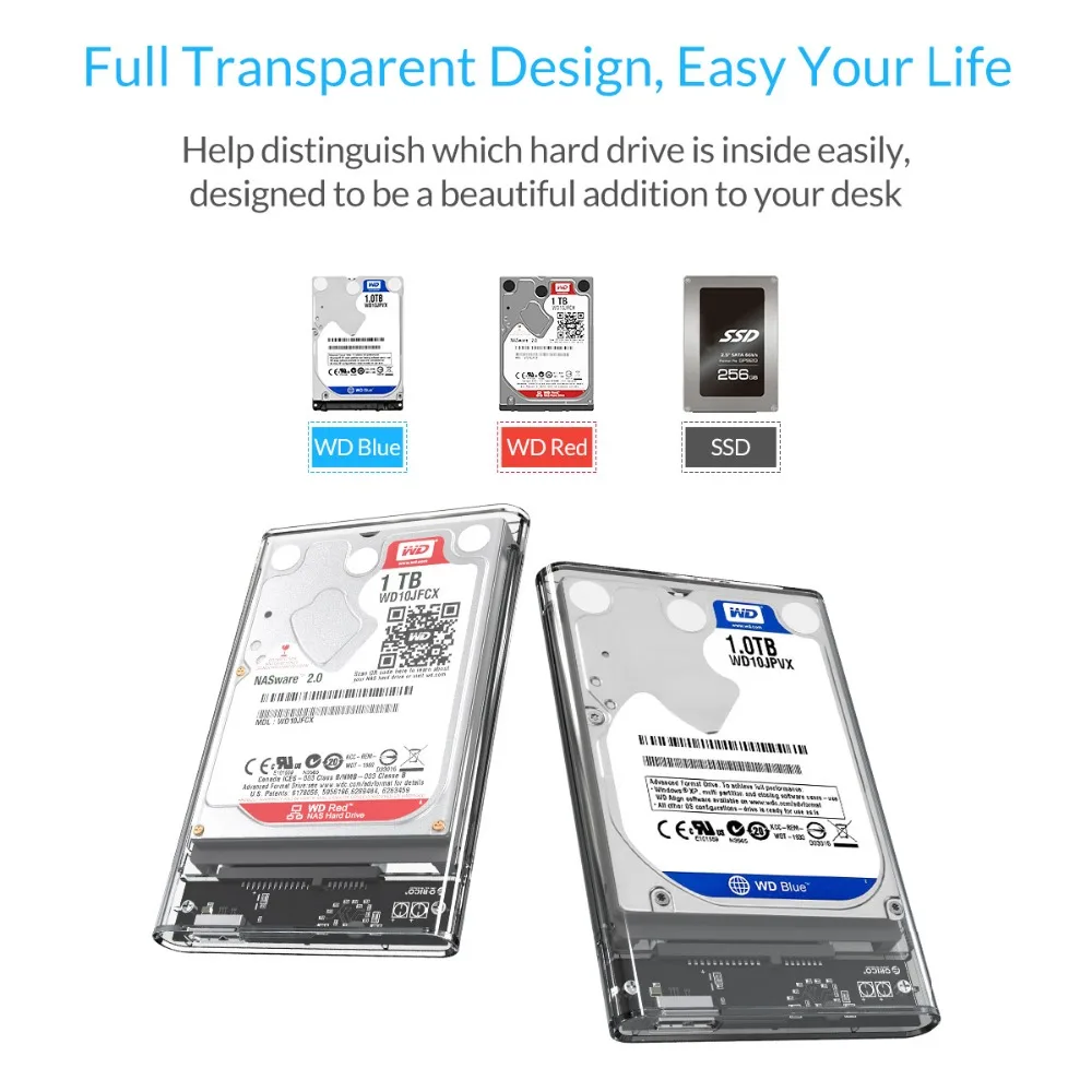 ORICO 2139U3 Transparent 2.5 inch HDD Case Sata to USB 3.0 Adapter High Speed Box Hard Drive Enclosure For Samsung Seagate SSD 