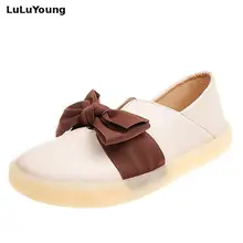 Туфли-лодочки с бантом; Повседневная однотонная женская обувь на плоской подошве без застежки с круглым носком