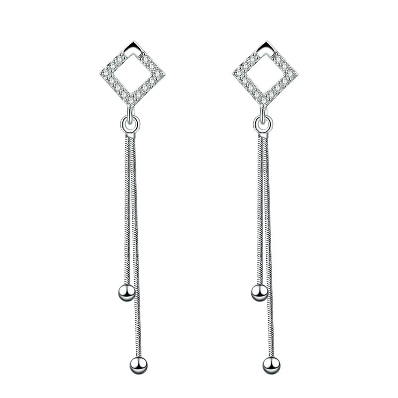 

100% 925 sterling silver fashion shiny crystal square ladies`long stud earrings women birthday gift female drop shipping cheap