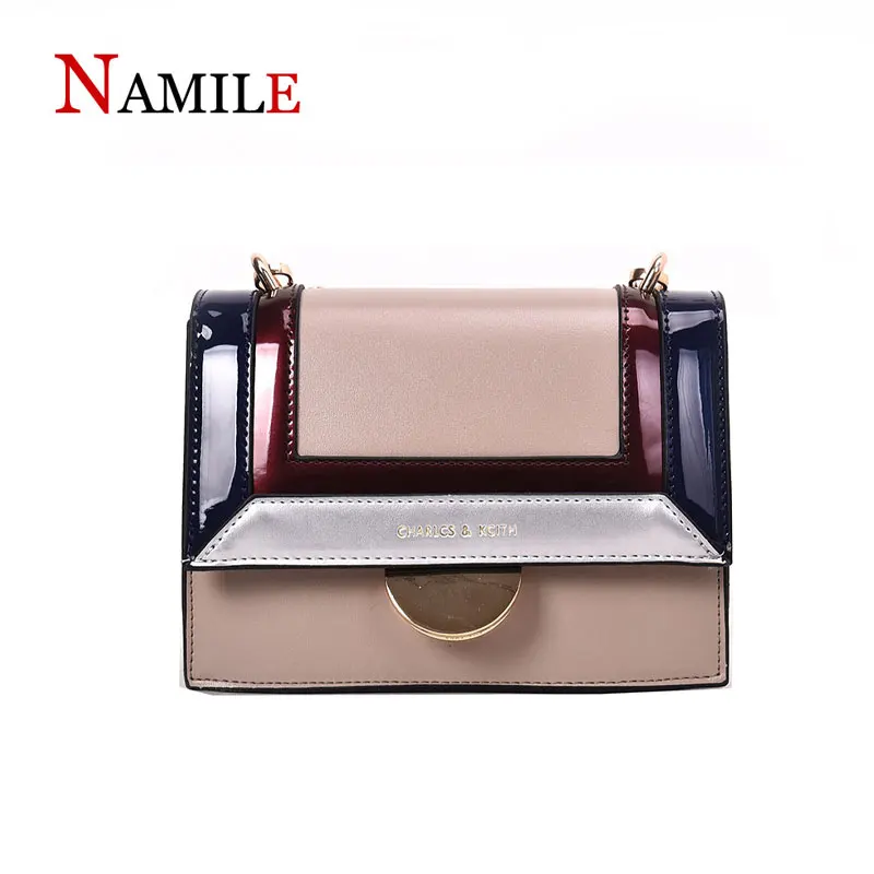

Women's small square bag 2019 new fashion women's bag hit color shoulder bag high quality pu wild plug lock Messenger bag