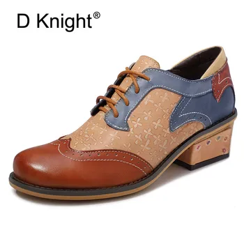

2019 New Women Pumps Retro national Style Brogues Oxfords Shoes For Woman Genuine Leather Summer Lady Chunky Block Heels Oxfords