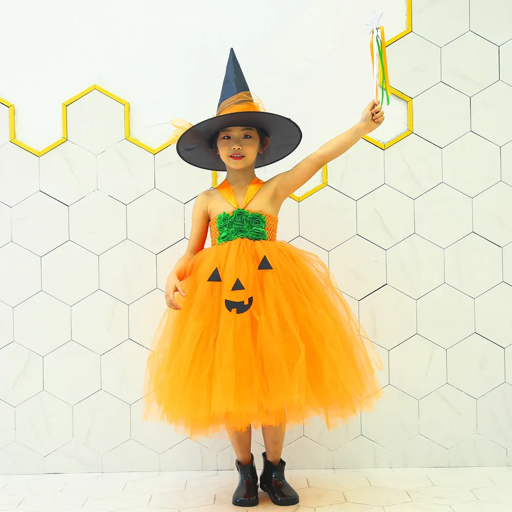 Orange Pumpkin Pattern Halloween Witch Outfit Tutu Dress Halloween Costumes for Teens Vampirina Birthday Mid Calf Flower Dress (17)