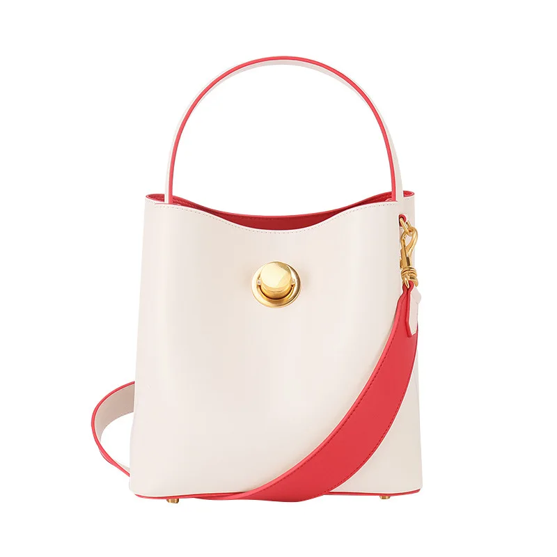

Simple design leather bag for lady, color matching, large capacity, wide shoulder strap, portable cowhide bucket bag, single sho