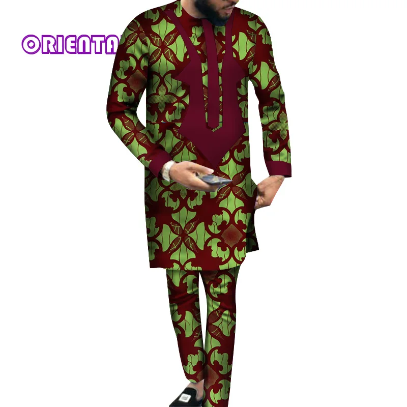 Африканская Мужская одежда, рубашка с длинным рукавом, платье и штаны, комплект, традиционный Африканский Базен Riche, принт, топы, платье и брюки WYN540