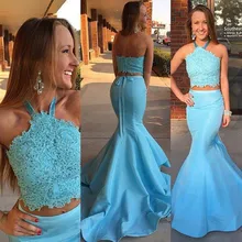 Lange Blue Zweiteiler Prom Kleider 2016 Halter Bördelte Applique Mieder Sexy Meerjungfrau Abendkleid Partei-kleid