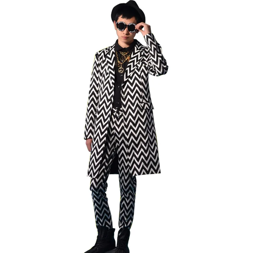 

Black White Stripe Men Casual Suit Trouser Custom Stage Fashion Show Costumes Male Long Blazers Suit Coat
