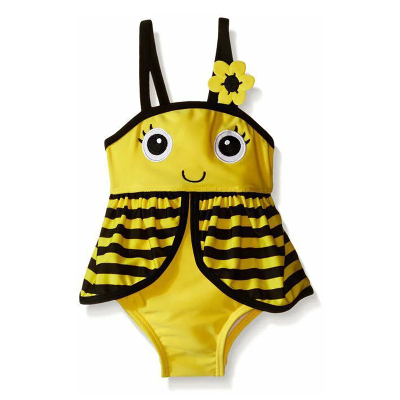 

New girls cartoon creative bees flower swimsuit summer children's yellow striped swimsuit kids beach vacation clothes 17S907