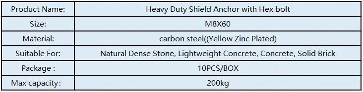 M8X60 сплошная стена Heavy duty бетонная плита щит якорь болт с шестигранной головкой 10 шт./кор