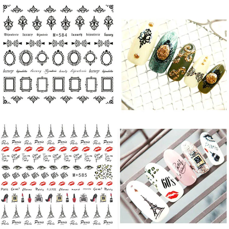 

2 Sheets Jewelry Nail Stickers 3d Eiffel Tower Nail Art Water Decal Oval Photo Nailart Sexy Lips Letter Decorative Pattern Decor