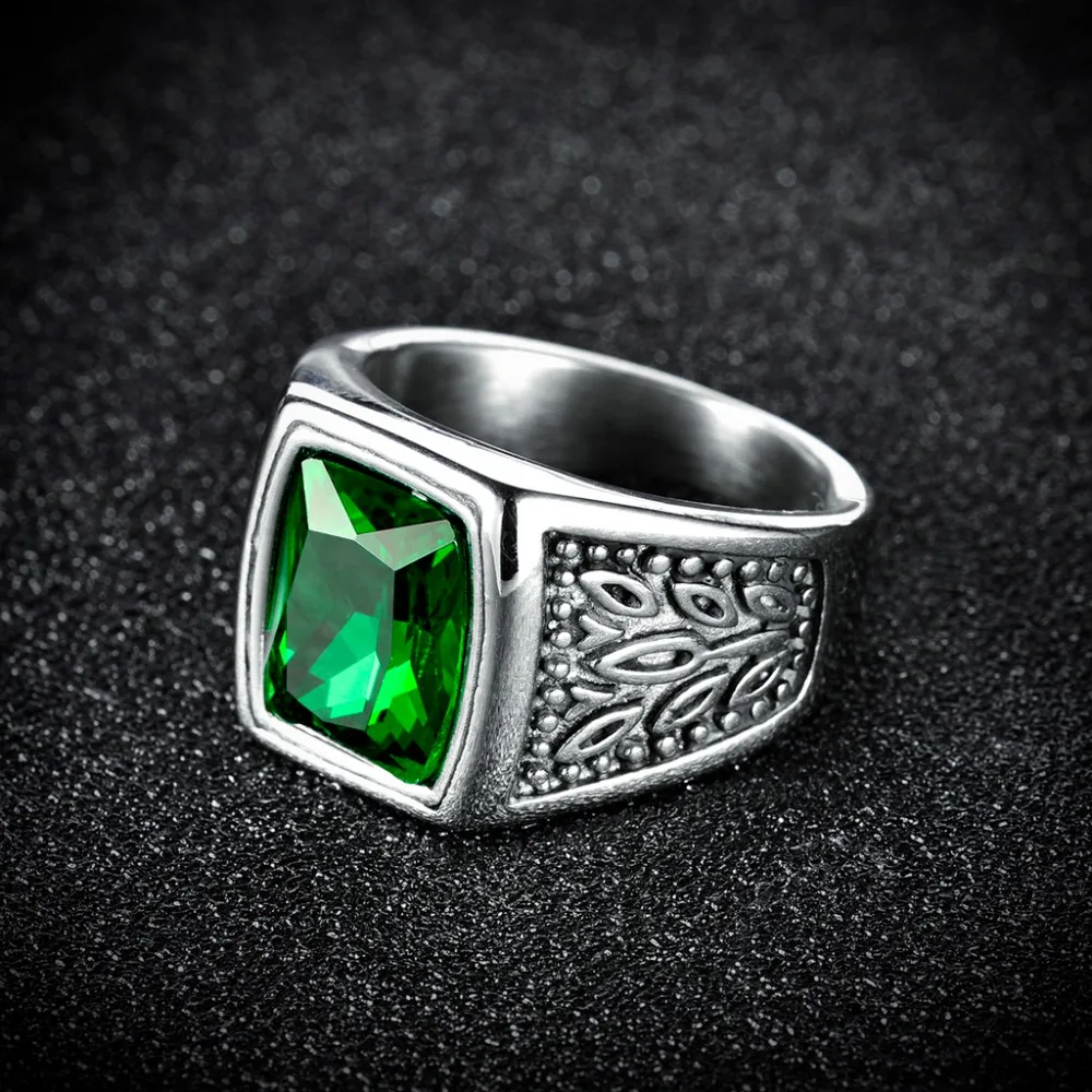 XIAGAO Gift 2 Color Red Green Square Stone Titanium Ring for Man 316L Stainless Steel Unique Fashion Male's Cross Ring for Boy