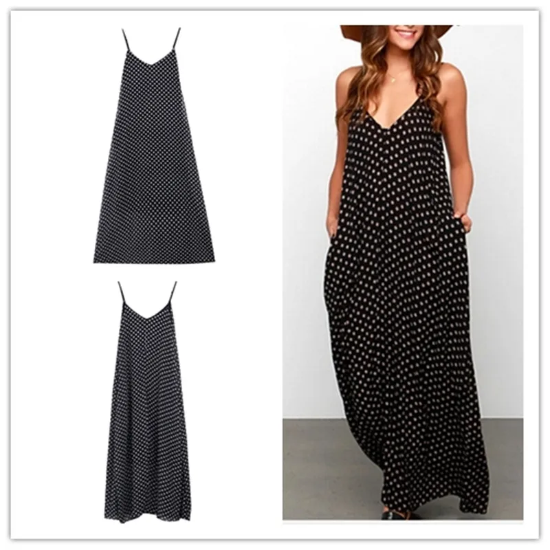 

Summer Chiffon Dress Polka Dot Boho long Maxi Holiday Party Evening Beach Sundress Black V Neck Dress Vestidos Plus Size W3