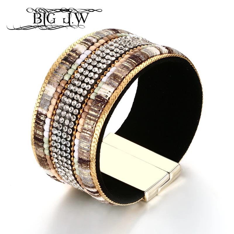 BIG J. W Vintage pulseras gruesas brazaletes para mujeres brillantes diamantes de imitación aleación ancha PU magnética pulsera de cierre joyería lujo|Pulseras de amuleto| AliExpress
