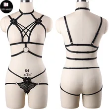 Женский набор ремней для тела Готический укороченный топ Цветы Кружева жгут бюстгальтер и кружева стринги Rave Фетиш бюстье Связывание комплект нижнего белья