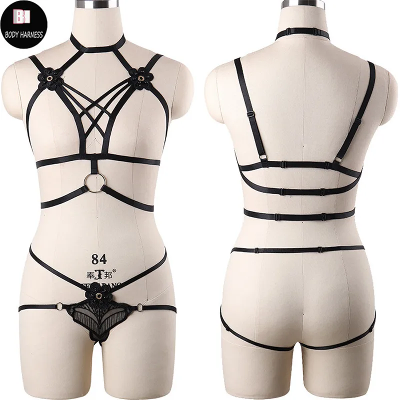 

Women Body Harness Set Goth Crop Top Flowers Lace Harness Bra And Lace G-string Rave Fetish Bustier Bondage Lingerie Set