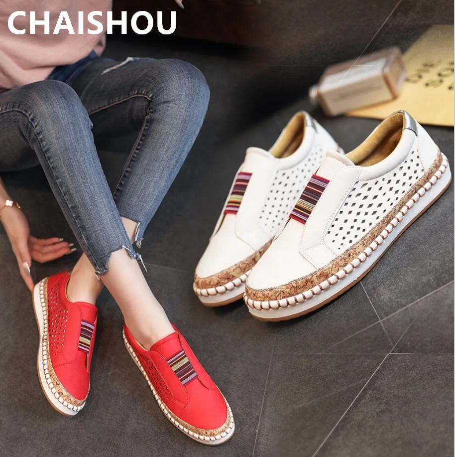 

2019 Women Slip On Hollow Out Flat Ladies Breathable Loafers Casual Leather Loafers Platform Vulcanized Sewing Comfort ShoesD101