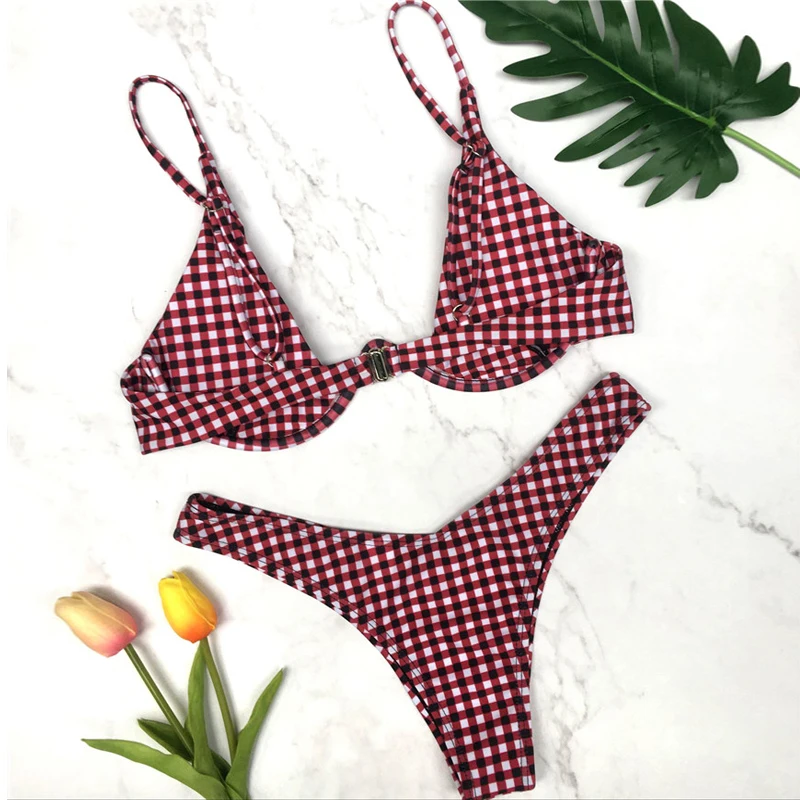 Plaid Bandage Bikinis Set 2018 New Sexy Push Up Swim Bathing Suits Swimwear (1)