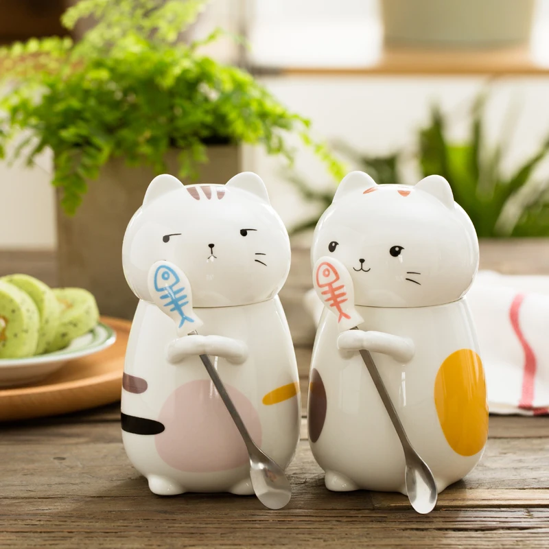 

Cute Cartoon Cups 400ml Breakfast Coffee Mugs Personality Ceramic Cat Mug with Spoon Milk Cups Office Milk Cup Christmas Gifts