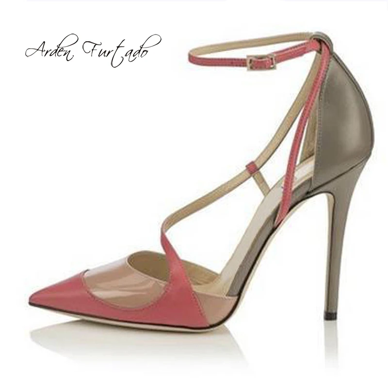 

Arden Furtado stilettos high heels 12cm pointed toe big size ankle strappy party shoes sexy elegant mixd color fashion sandals