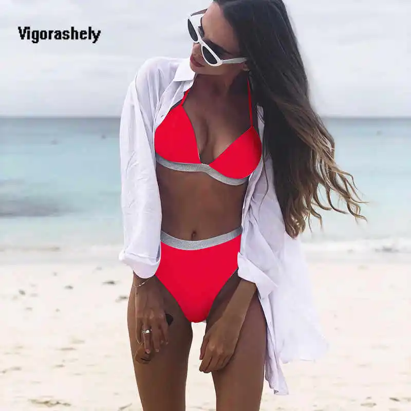 

2019 Sexy Hard packed Halter Tied Red Bikini Set Swimsuit Women Push Up Swimwear Summer BeachWear Solid Bikini Bathing Suit