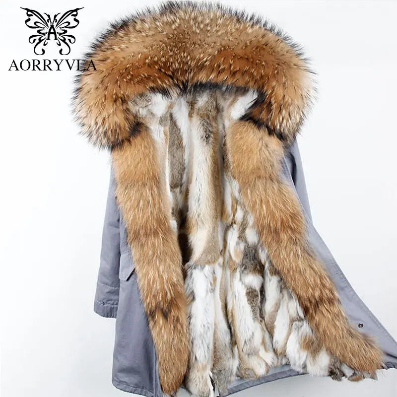 AORRYVLA 2018 Winter New Women Fur Parka Natural Raccoon Fur Hooded Long Coat Real Rabbit Lining Casual Female Warm Parka