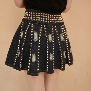 New Fashion womens summer high quality punk metal rivet pleated denim skirt a-line ripped hole short skirt
New Fashion womens summer high quality punk metal rivet pleated denim skirt a-line ripped hole short skirt