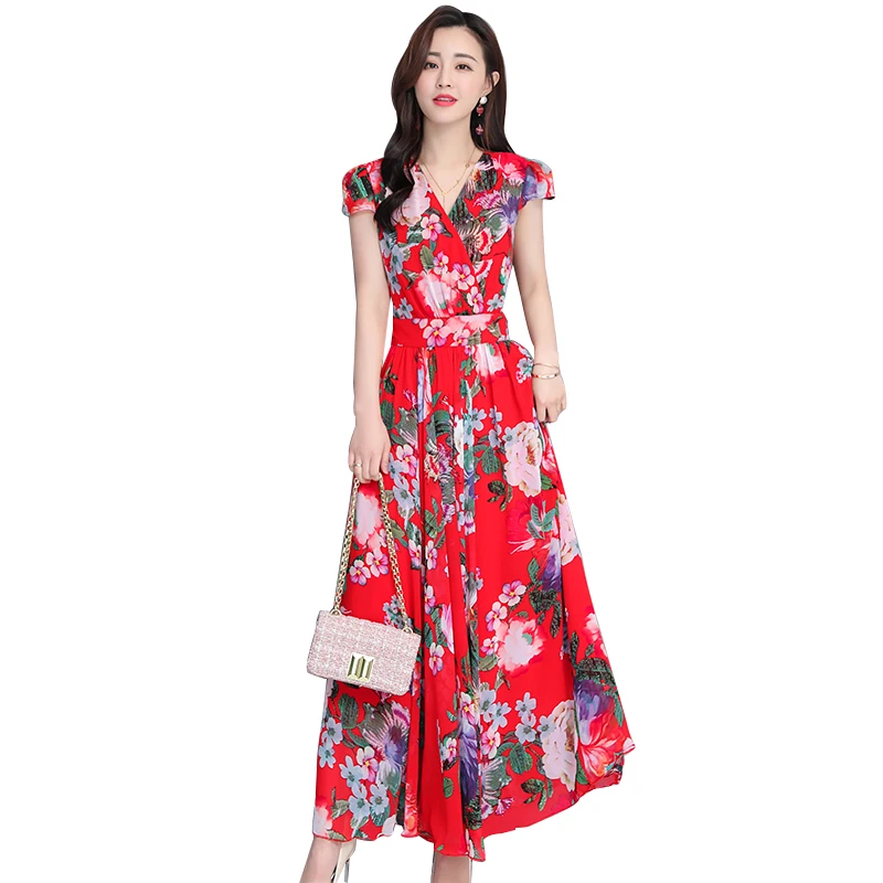 

Spring New Boho 4XL Large Size Dress 2019 Long Flower V-neck Short-sleeved Seaside Holiday Beach Dress Silk Dress Vestidos