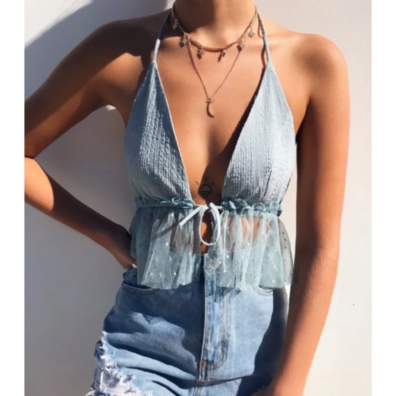 

Women Sleeveless Crop Top Backless Vest Top V neck Halter Short Bralette Bustier Mesh Ruffles Shirts For Girls 2019 Camisole top