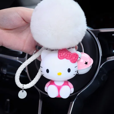 Cute Cartoon Hello Kitty Rabbit Fur Ball PomPom Pom Poms Keychain Women Leather Strap Metal Key Ring Chains Car Bag Charm D35B