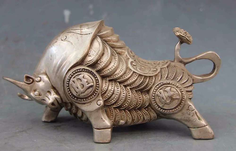

zhaomeirui78++China Folk White Copper Silver Fengshui lUCKY Wealth Cion Cattle Wild ox Statue