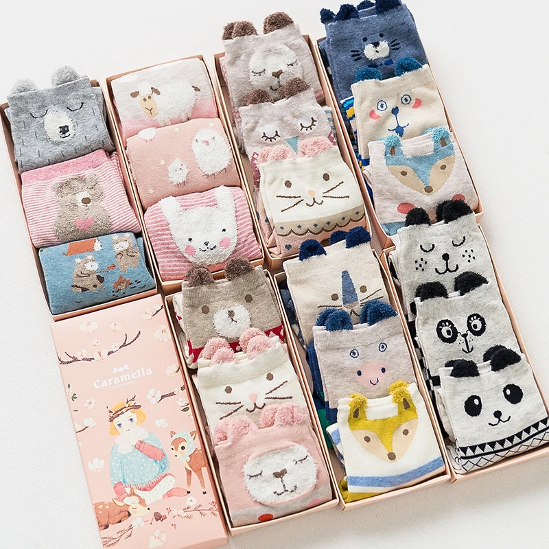 Gift box women autumn winter cute 3d ears cartoon animal cotton socks for woman fashion socks 3pairs/lot