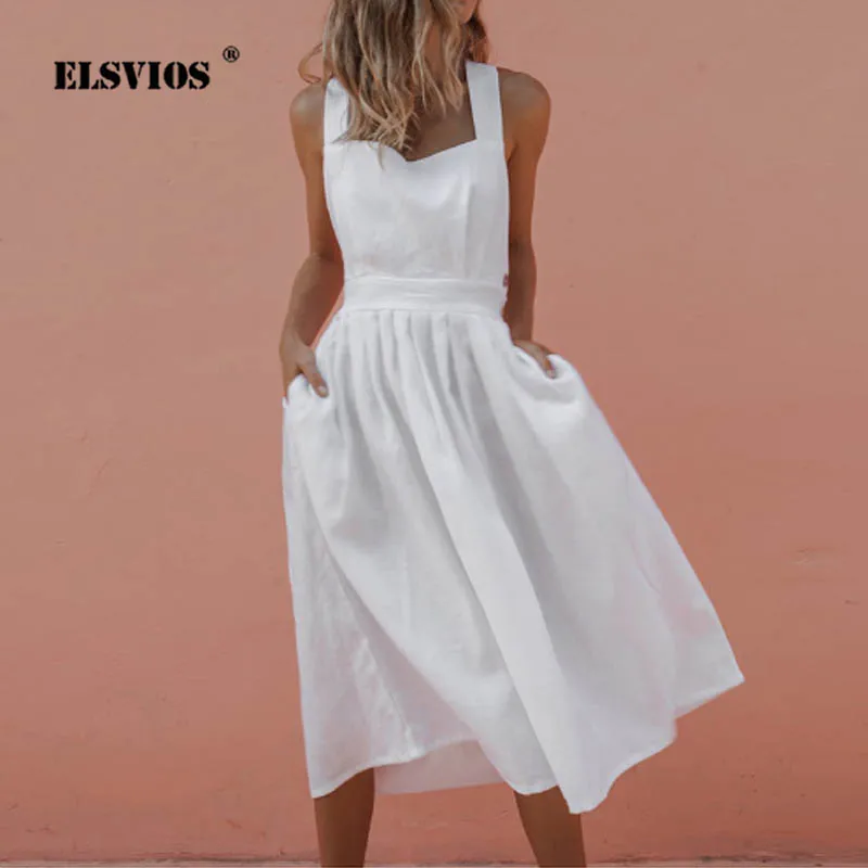 

ELSVIOS High Waist Bare Back Bow Midi dress Women Sexy Criss Cross Off Shoulder Sundress Elegant Pleated A Line Summer Dresses
