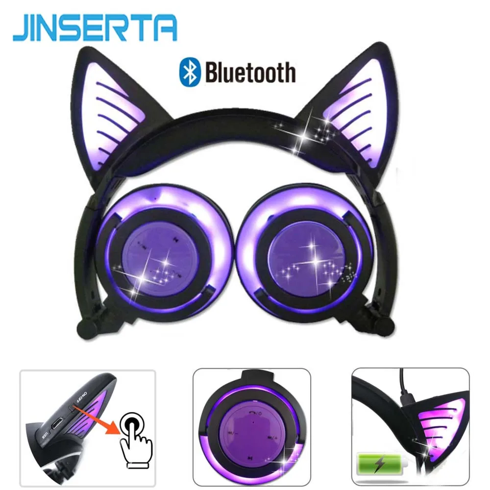 JINSERTA Bluetooth Earphone Cat Ear Wireless Headphones Microphone Flashing Glowing Headset w LED Light For PC Laptop Adult Kids