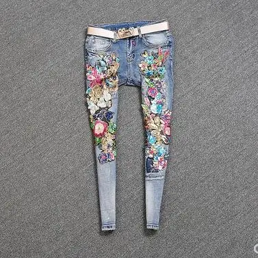 spring autumn new fashion women bronzing sequins flowers worn mid waist skinny pencil jeans plus size 2XL - Цвет: light blue