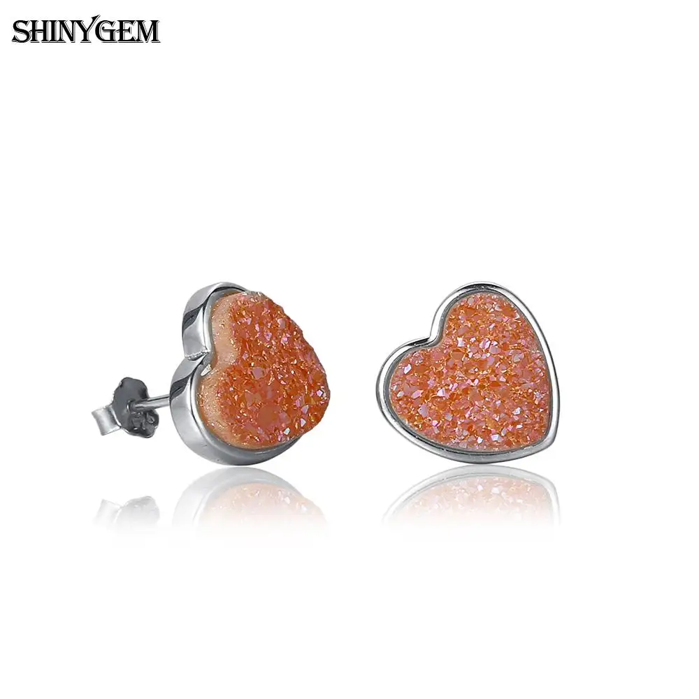 ShinyGem 10 мм милые серьги из друзы с камнем Золото Цвет/925 пробы серебряные серьги-гвоздики Любовь Сердце натуральный камень серьги для женщин