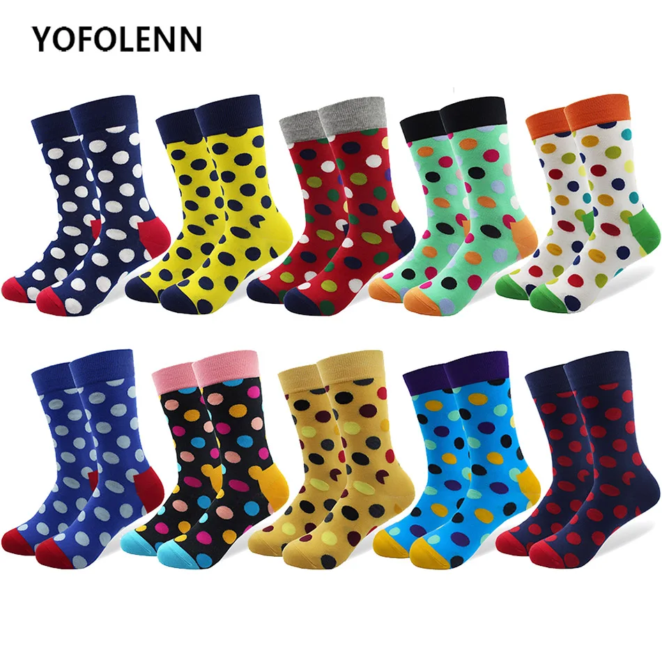 

10 Pairs/lot Funny Men's Colorful Big Dot Socks with High Quality Women Combed Cotton Long Cool Crew Happy Wedding Party Socks