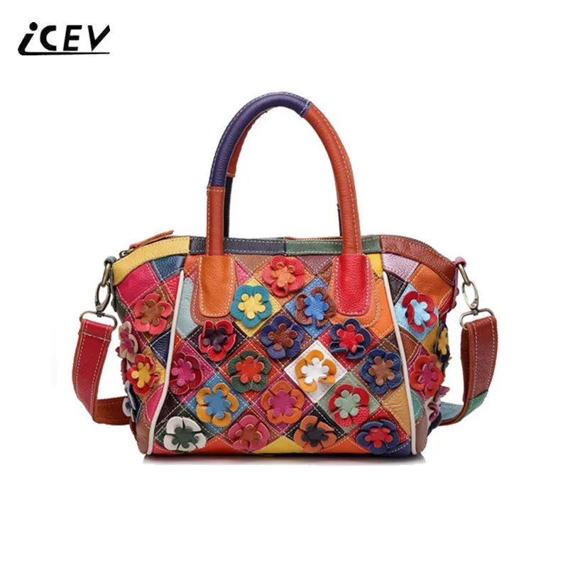

ICEV New Simple Genuine Leather Handbags High Quality Top Handle Bags Handbags Women Famous Brands Flower Ladies Organizer Totes