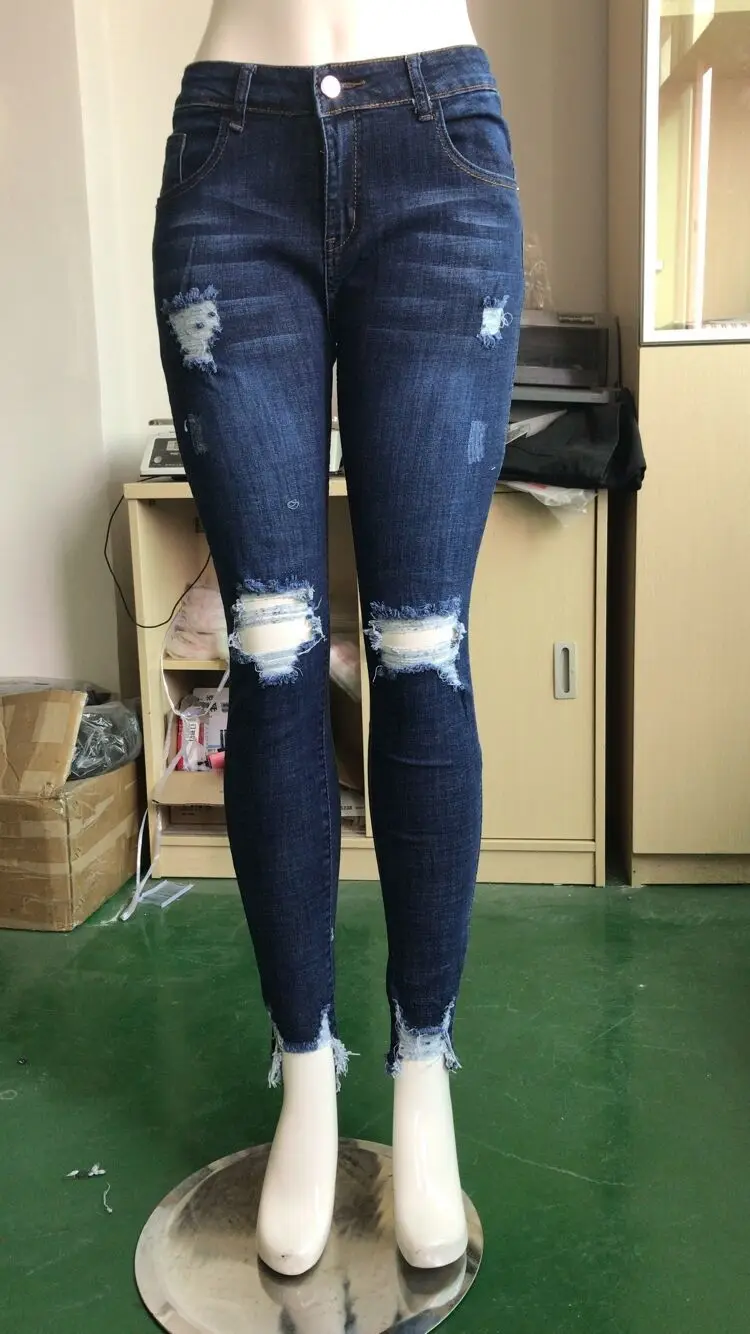 Для женщин зауженные джинсы штаны 2018 середины талии Зауженные джинсы Для женщин отверстие хлопка эластичные Средства ухода за кожей стоп