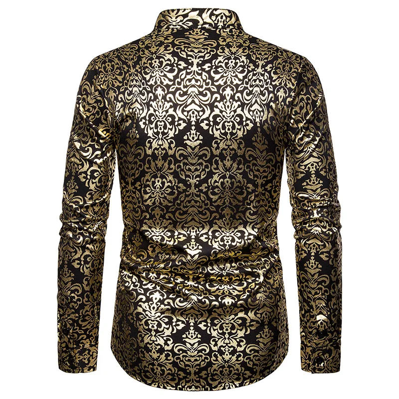 Shiny Gold Floral Print Mens Shirts Casual Slim Fit Long Sleeve Mandarin Collar Shirt Men Club Party Bronzing White Shirt Camisa