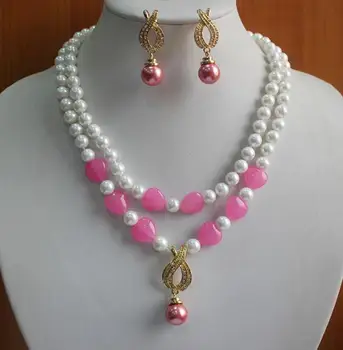 

fine word Rows blue opal 2 row 7-8MM White Pearl bule gem Pendant Necklace Earring set gem women's jewelry silver