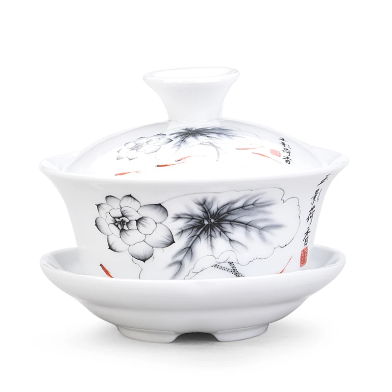 Китай Ручная роспись Gaiwan, Dehua высокое качество белый фарфор чайный набор для путешествий красивый и легкий чайник - Цвет: Сливовый