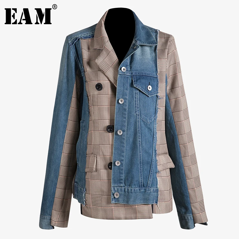 [EAM] Новинка, осенне-зимняя синяя джинсовая куртка в клетку с отворотом и длинным рукавом, необычная Свободная Женская куртка, модное пальто JT888