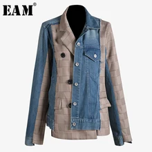 [EAM] Новинка, осенне-зимняя синяя джинсовая куртка в клетку с отворотом и длинным рукавом, необычная Свободная Женская куртка, модное пальто JT888