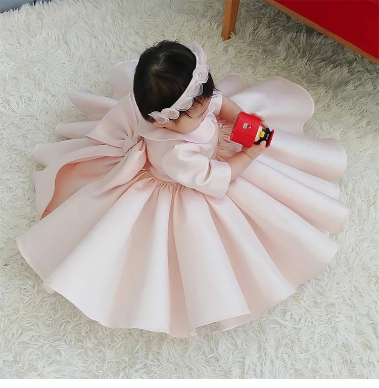 Свадебные платья принцессы для маленьких девочек Розовое Кружевное крестильное платье с длинным рукавом, украшенное бусинами, платье для новорожденных на день рождения для крещения