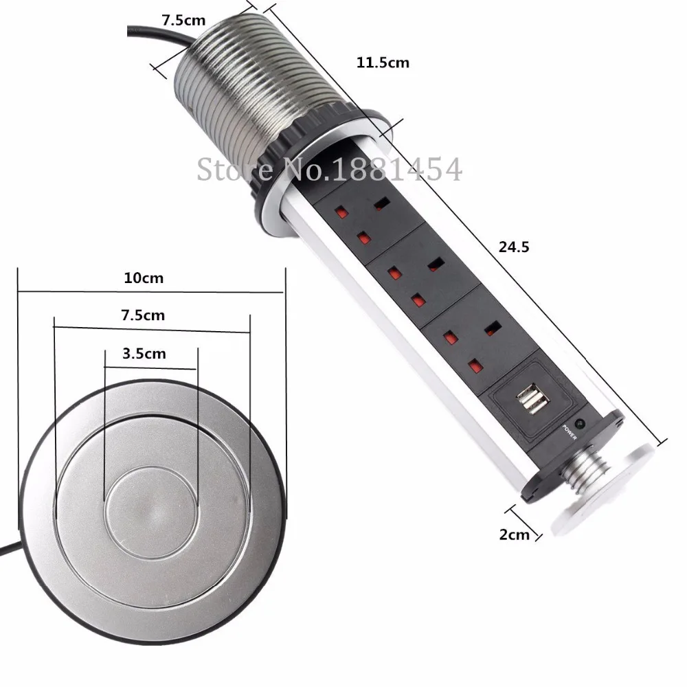 

Chrome Oversea 2 USB 3 Plug 1 led Outlet Pop Up Pull Power Point Socket Kitchen Unit Desk Worktop UK Plug