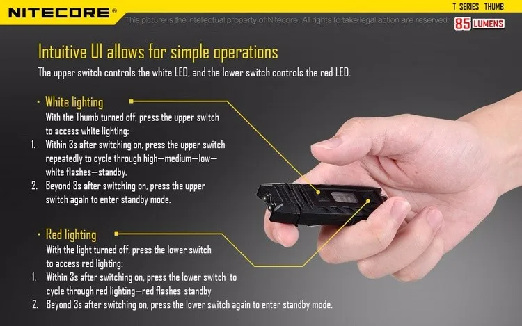 NITECORE THUMB USB Перезаряжаемый высокопроизводительный мини-светильник, удобный Универсальный Наклонный рабочий светильник, светильник для ключей, белый+ красный светильник светодиодный