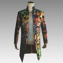 Певец из ночного клуба под руководством сценического костюма мужской цветной принт флип блесток длинный костюм